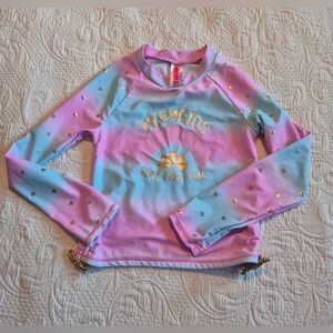 Betsey Johnson girls XL pink & blue with gold shell swim rash guard, VGUC